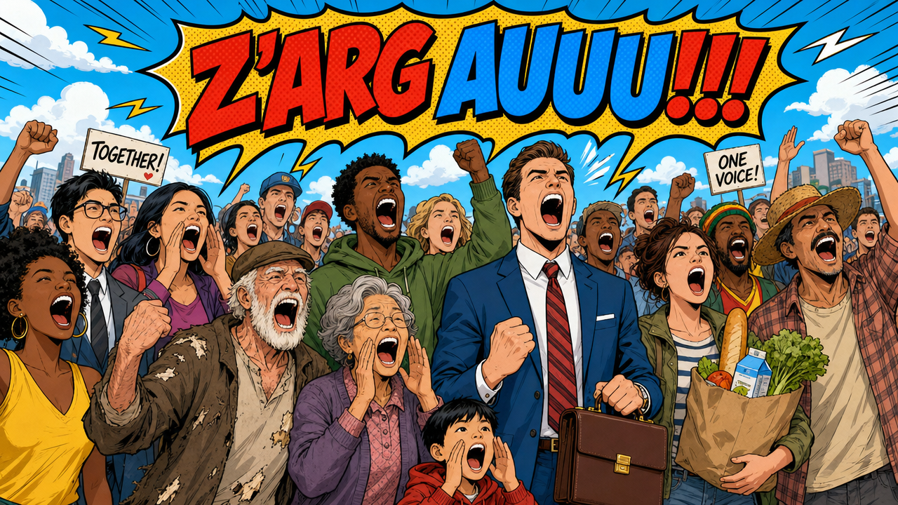 Comic: Viele bunte Menschen schreien Z'ARG AUUU!!!
