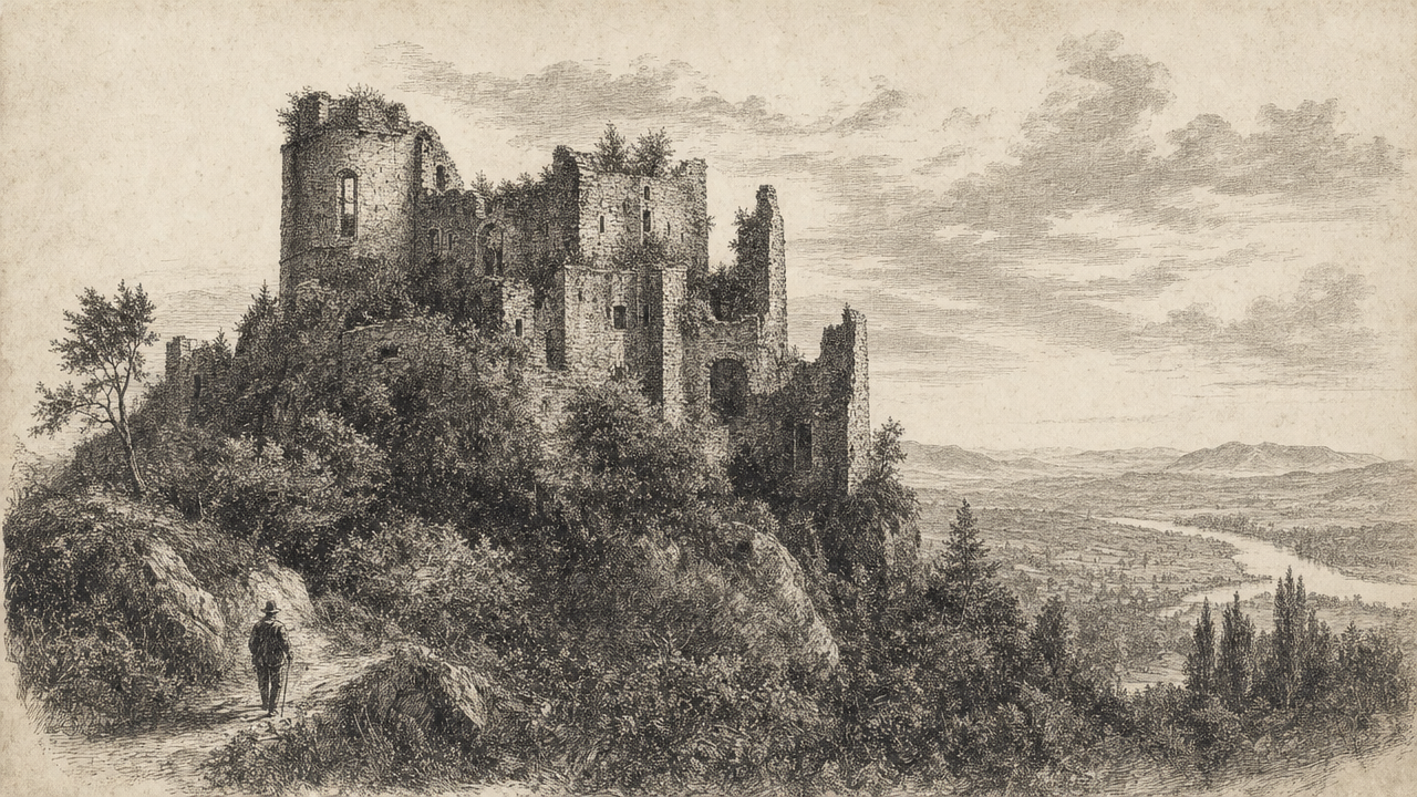 Freie historische Illustration der überwachsenen Küssaburg um 1855